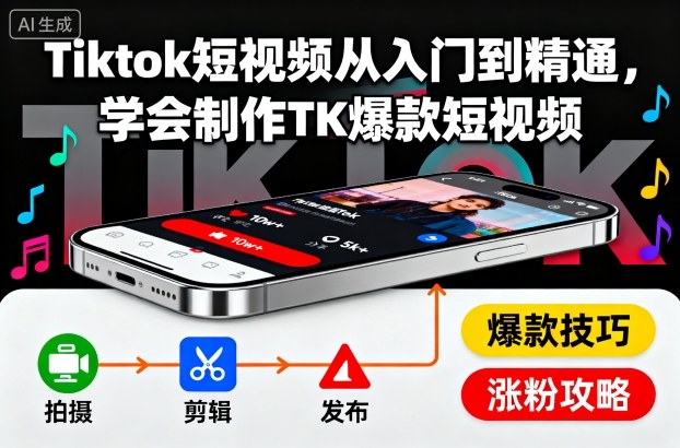 Tiktok短视频从入门到精通,学会制作TK爆款短视频-来友网创