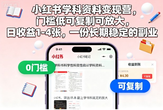 小红书学科资料变现营,门槛低可复制可放大,日收益1-4张,一份长期稳定的副业-来友网创