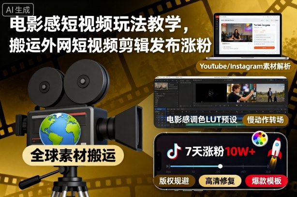 电影感短视频玩法教学,搬运外网短视频剪辑发布涨粉-来友网创