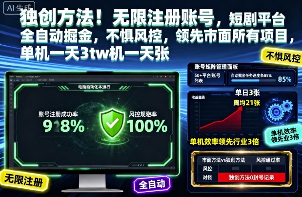 独创方法!无限注册账号,短剧平台全自动掘金,不惧风控,领先市面所有项目,单机一天3张【揭秘】-来友网创