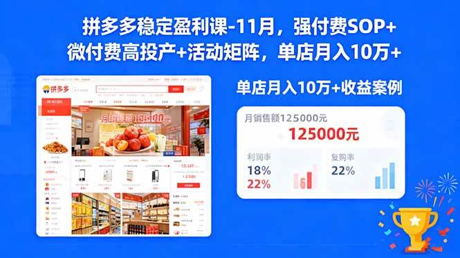 (16557期)拼多多稳定盈利课-11月,强付费SOP+微付费高投产+活动矩阵,单店月入10w+-来友网创