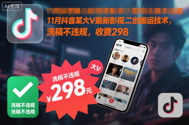 11月抖音某大V最新影视二创搬运技术,洗稿不违规,收费298-来友网创