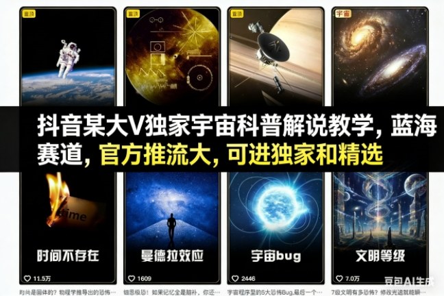 抖音某大V独家宇宙科普解说教学,蓝海赛道,官方推流大,可进独家和精选-来友网创