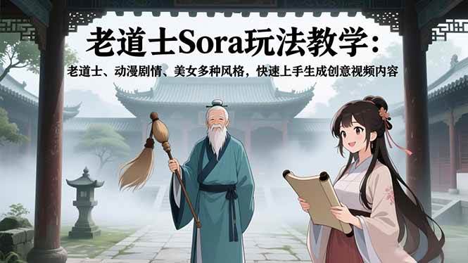 (16862期)老道士Sora玩法教学:老道士、动漫剧情、美女多种风格,快速上手生成创意视频内容-来友网创