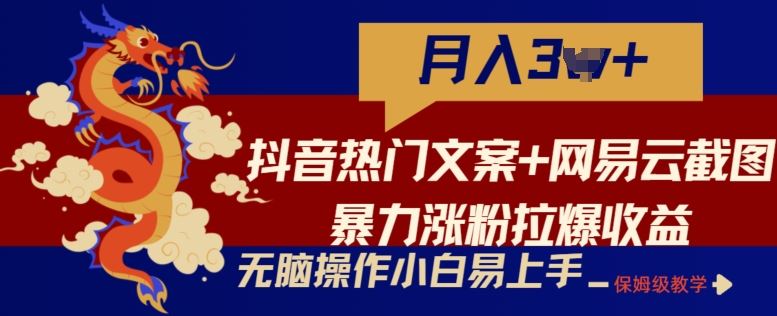 抖音热门文案+网易云截图暴力涨粉拉爆收益玩法，小白无脑操作，简单易上手【揭秘】-来友网创