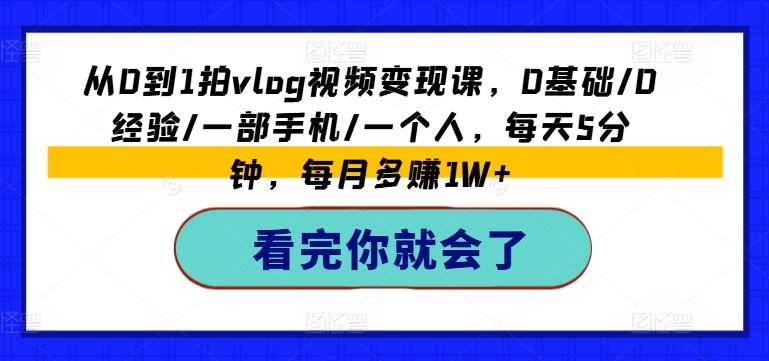 从0到1拍vlog视频变现课，0基础/0经验/一部手机/一个人，每天5分钟，每月多赚1W+-来友网创