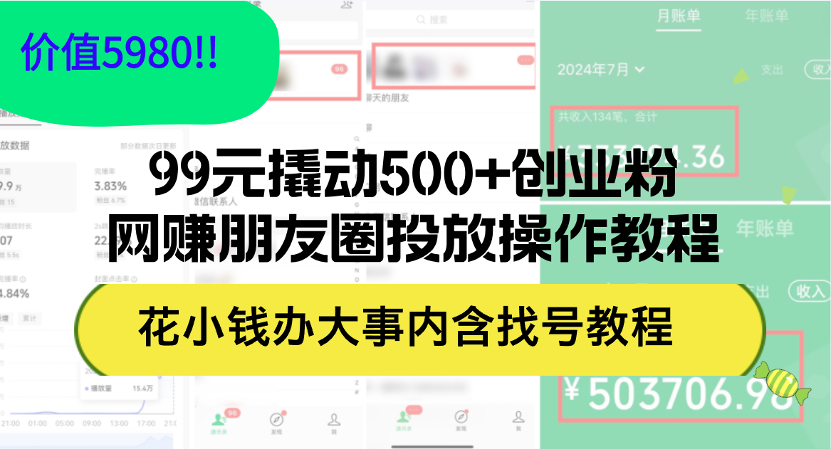 （12431期）99元撬动500+创业粉，网赚朋友圈投放操作教程价值5980！花小钱办大事内…-来友网创