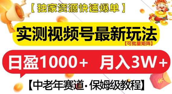 实测视频号最新玩法，中老年赛道，独家资源，月入过W+【揭秘】-来友网创