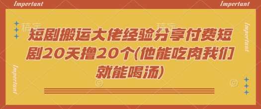 短剧搬运大佬经验分享付费短剧20天撸20个(他能吃肉我们就能喝汤)-来友网创