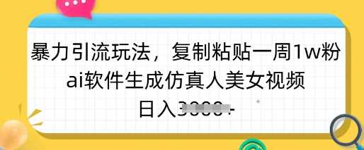 暴力引流玩法，复制粘贴一周1w粉，ai软件生成仿真人美女视频，日入多张-来友网创