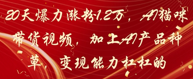 20天爆力涨粉1.2W，AI猫咪带货视频，加上AI产品种草，变现能力杠杠的-来友网创