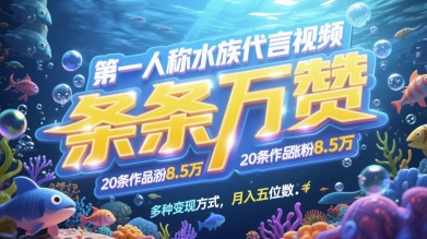 第一人称水族代言视频，条条万赞，20条作品涨粉7.8W，多种变现方式月入五位数-来友网创