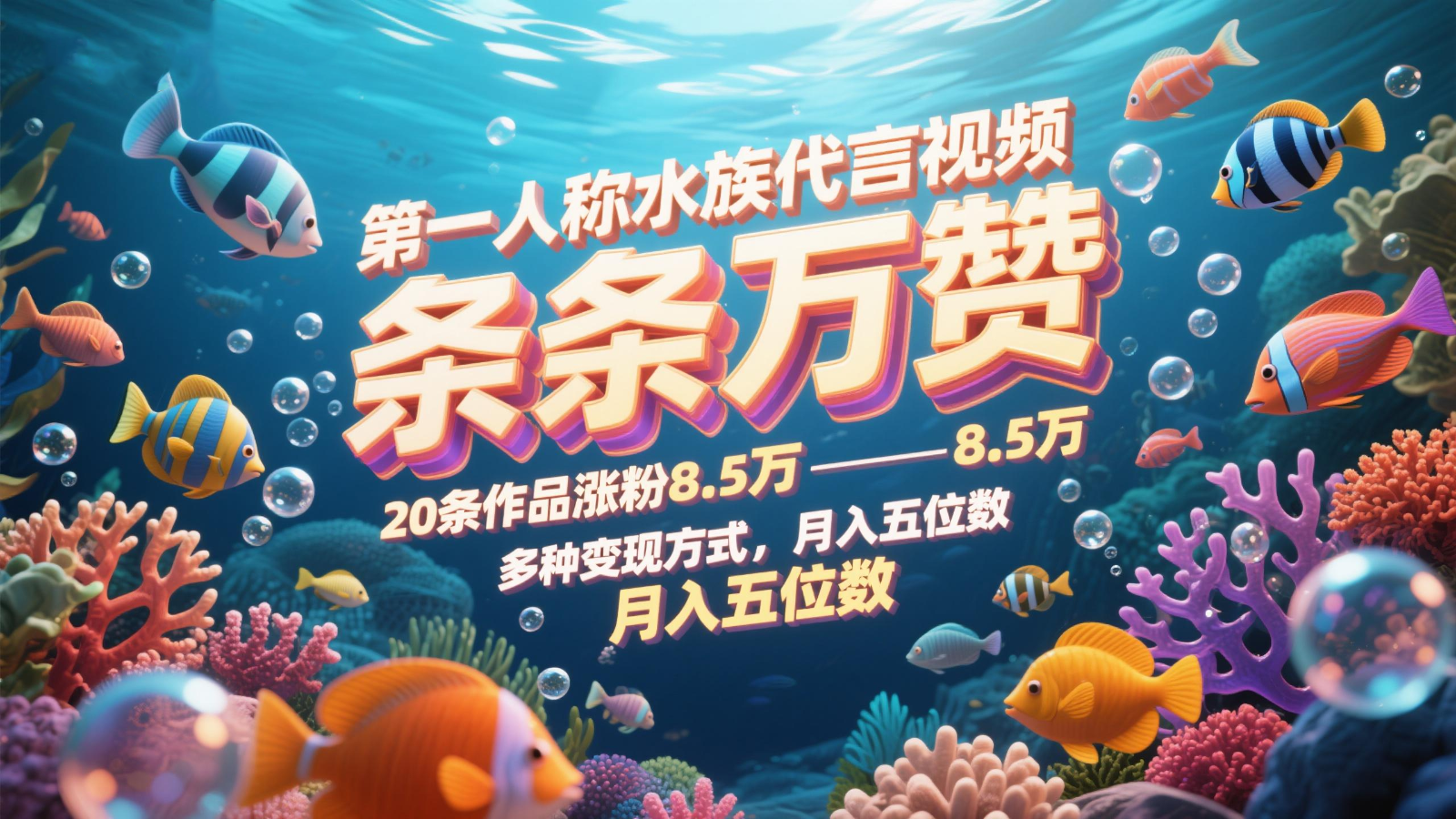 第一人称水族代言视频，条条万赞，20条作品涨粉8.5万，多种变现方式月，入五位数-来友网创