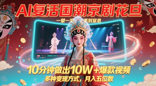 AI复活国潮京剧花旦，一颦一笑美到窒息，10分钟做出10W+爆款视频，多种变现方式，月入五位数-来友网创