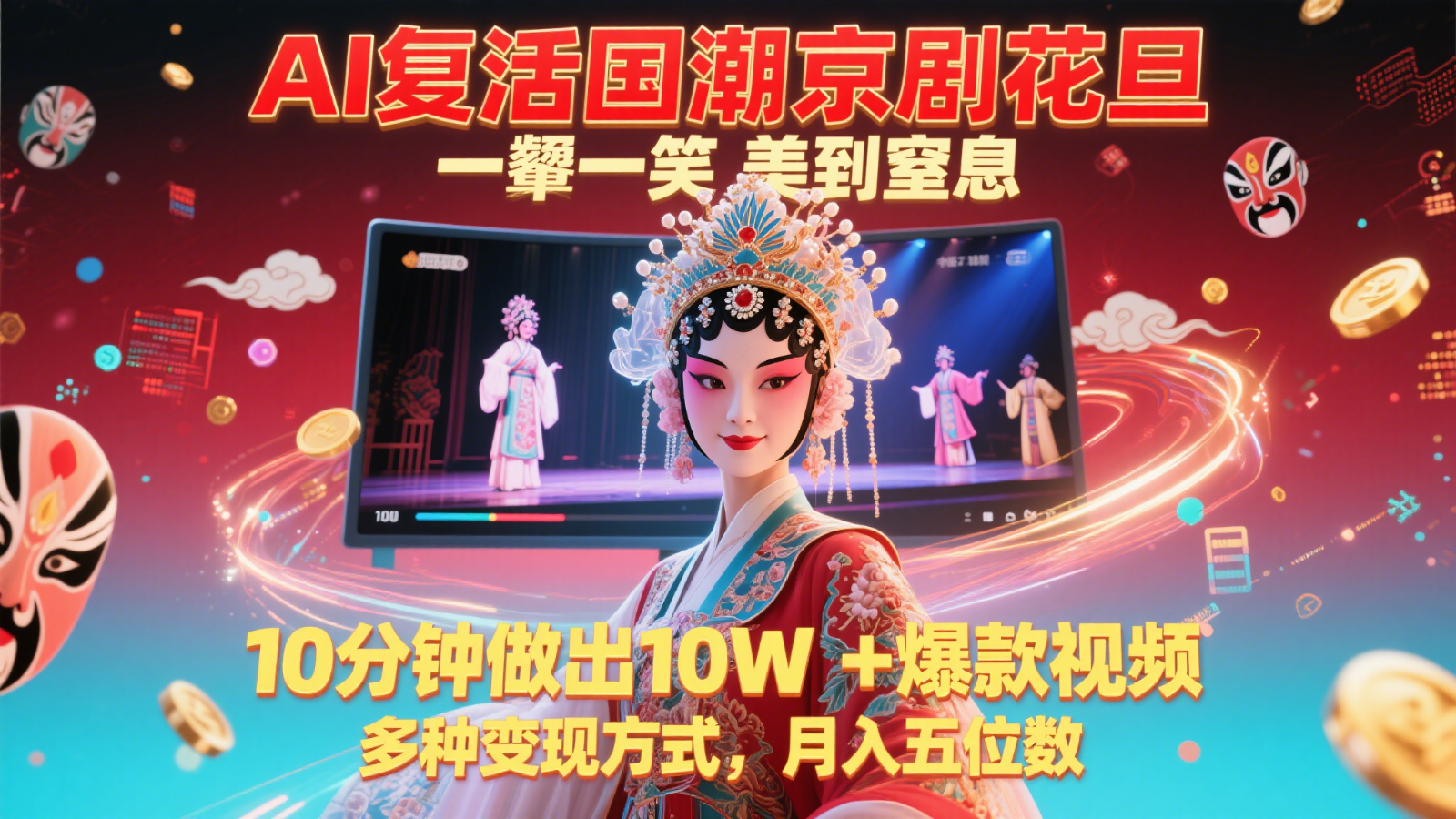 AI复活国潮京剧花旦，一颦一笑美到窒息，10分钟做出10W+爆款视频，多种变现方式，…-来友网创