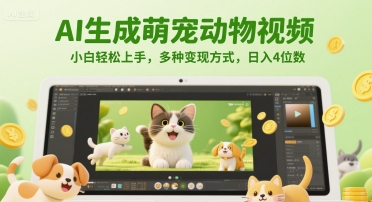 AI生成萌宠动物视频，小白轻松上手，多种变现方式，日入4位数-来友网创