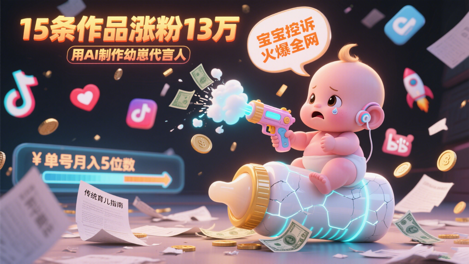 用AI制作幼崽代言人，宝宝的控诉火爆全网，15条作品涨粉13万，单号月入5位数实操教程-来友网创